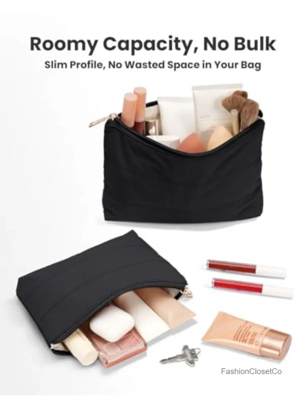 Quilted Puffer Makeup Bag Set of 2 with Zipper for Travel and Purse